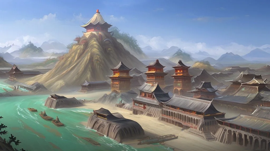 ancient, fantasy, chinese town, dune, crater, sand strom, destroyed chinese houses