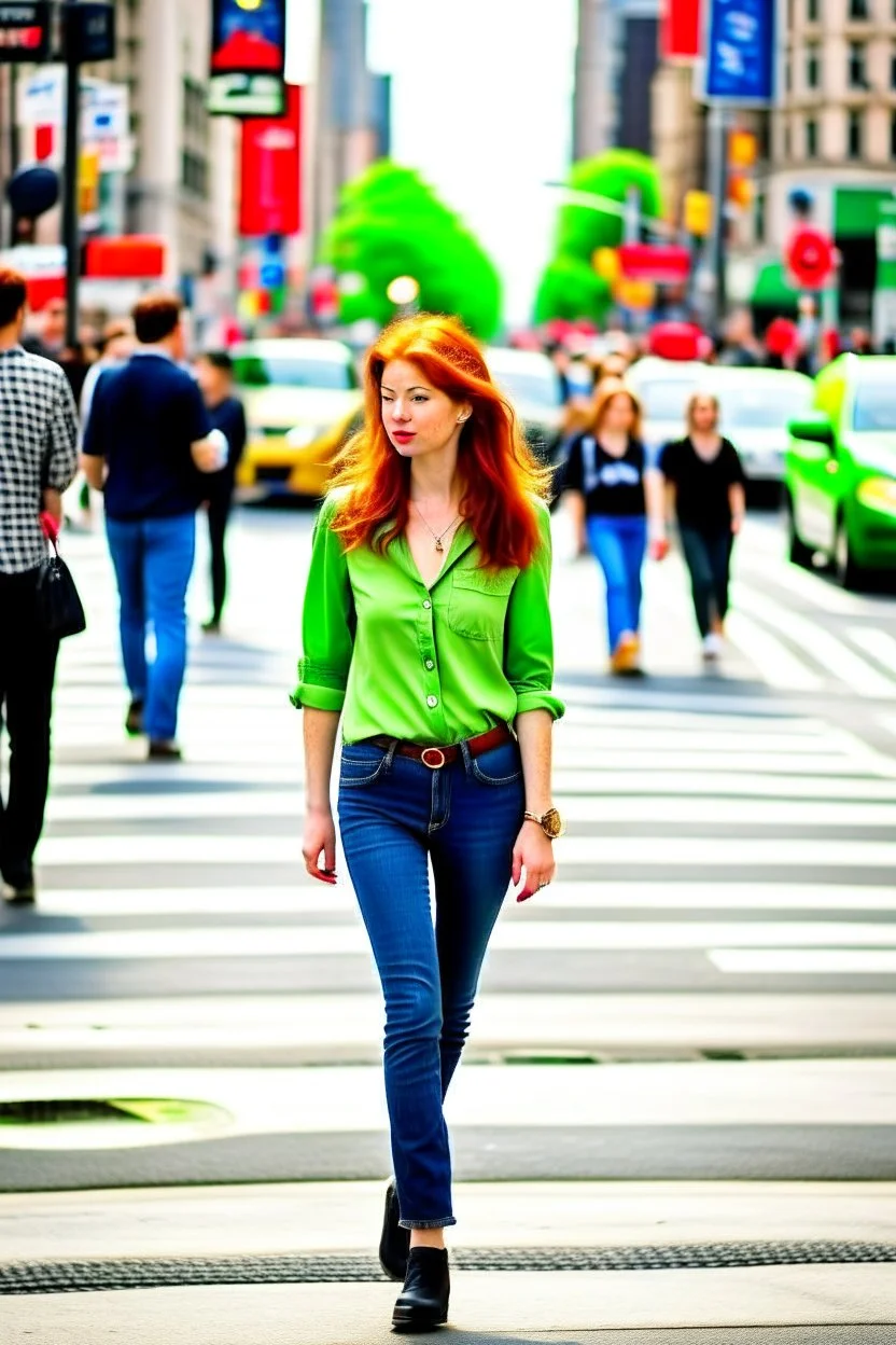 slim redhead woman walking across a busy street