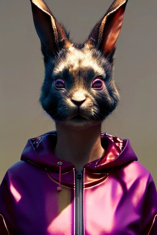 Medium Close Up Portrait, Front image. cyberpunk, rabbit mask, Asian woman, pink hair. latex tracksuit. Red, black, gold, color. Acronym style. Color background, photo studio. Avatar image, highly detailed, concept art, smooth, unreal engine 5, god rays, ray tracing, RTX, lumen lighting, ultra detail, volumetric lighting, 3d, finely drawn, high definition, high resolution.