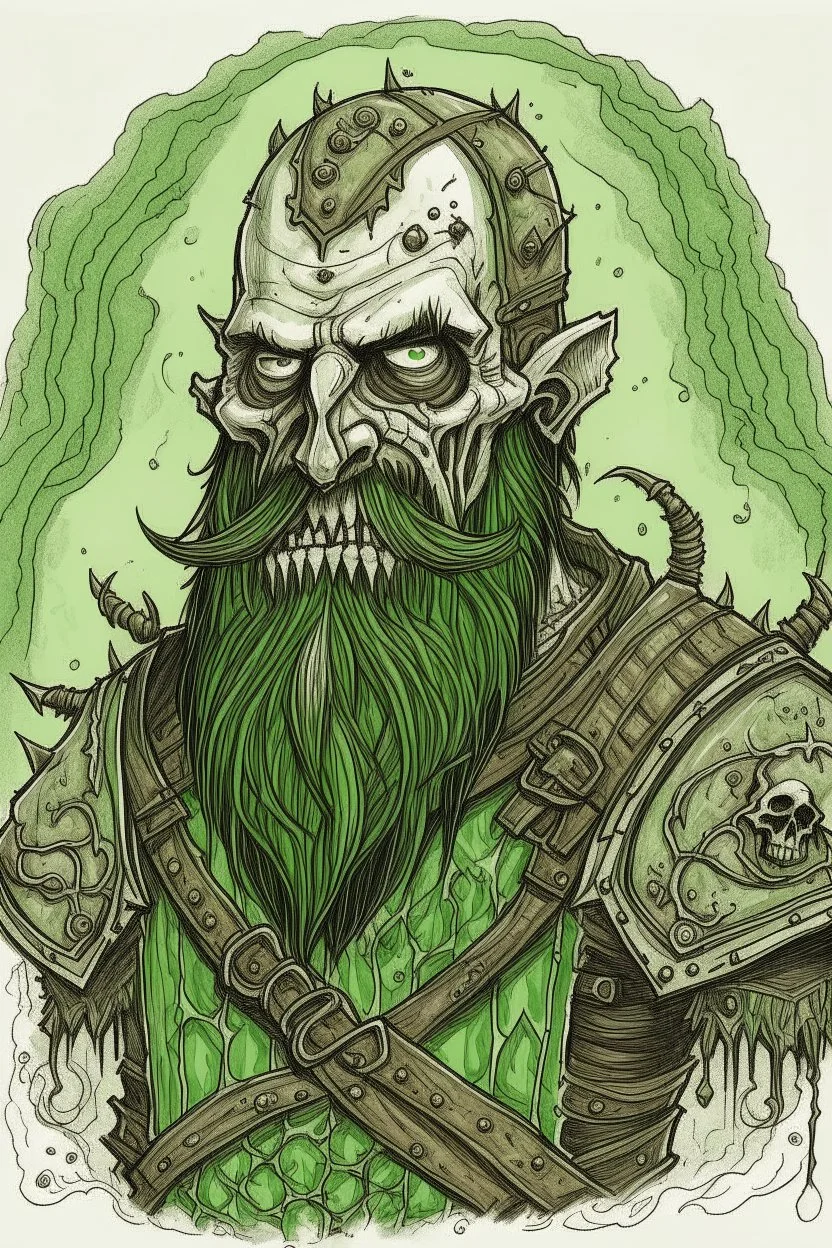 a drawing of a green zombie with a beard and scars, in medieval armour