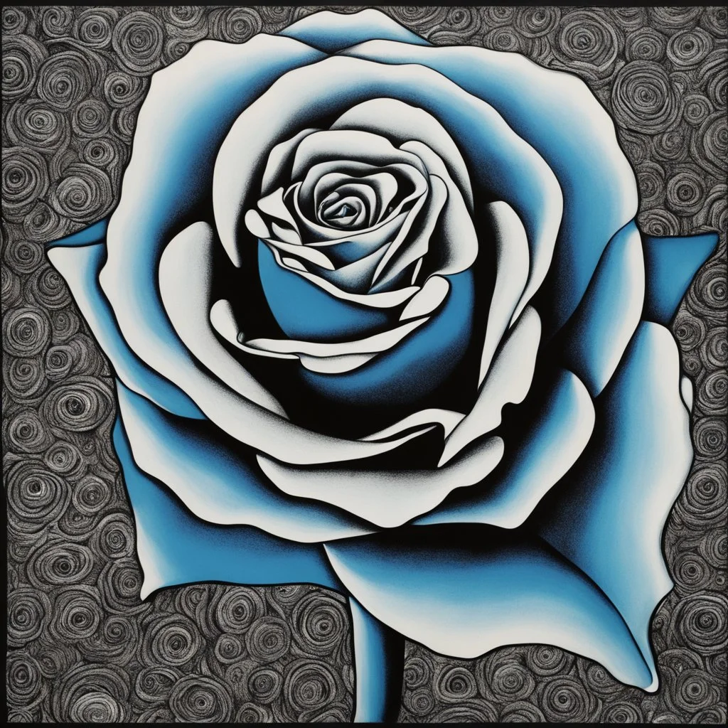 A detailed high quality surreal painting of a delicate, shimmering single blue animorphic rose that had a small pretty face in its petals, pouting, background is a blurred black and white hypnotic pattern, very mod, 1960s inspired art, psychedelic, highly detailed conceptual art, mixed media collage, dark fantastical atmosphere, fine lines, dali-esc, beautiful and natural, strange art, optical illusion