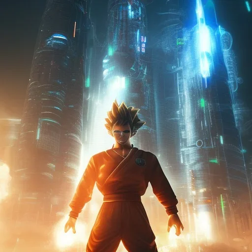 Son-goku in a cyberpunk setting with skyscrapers and spaceships in background, close-up face, extreme details, realistic, unreal engine, 4k