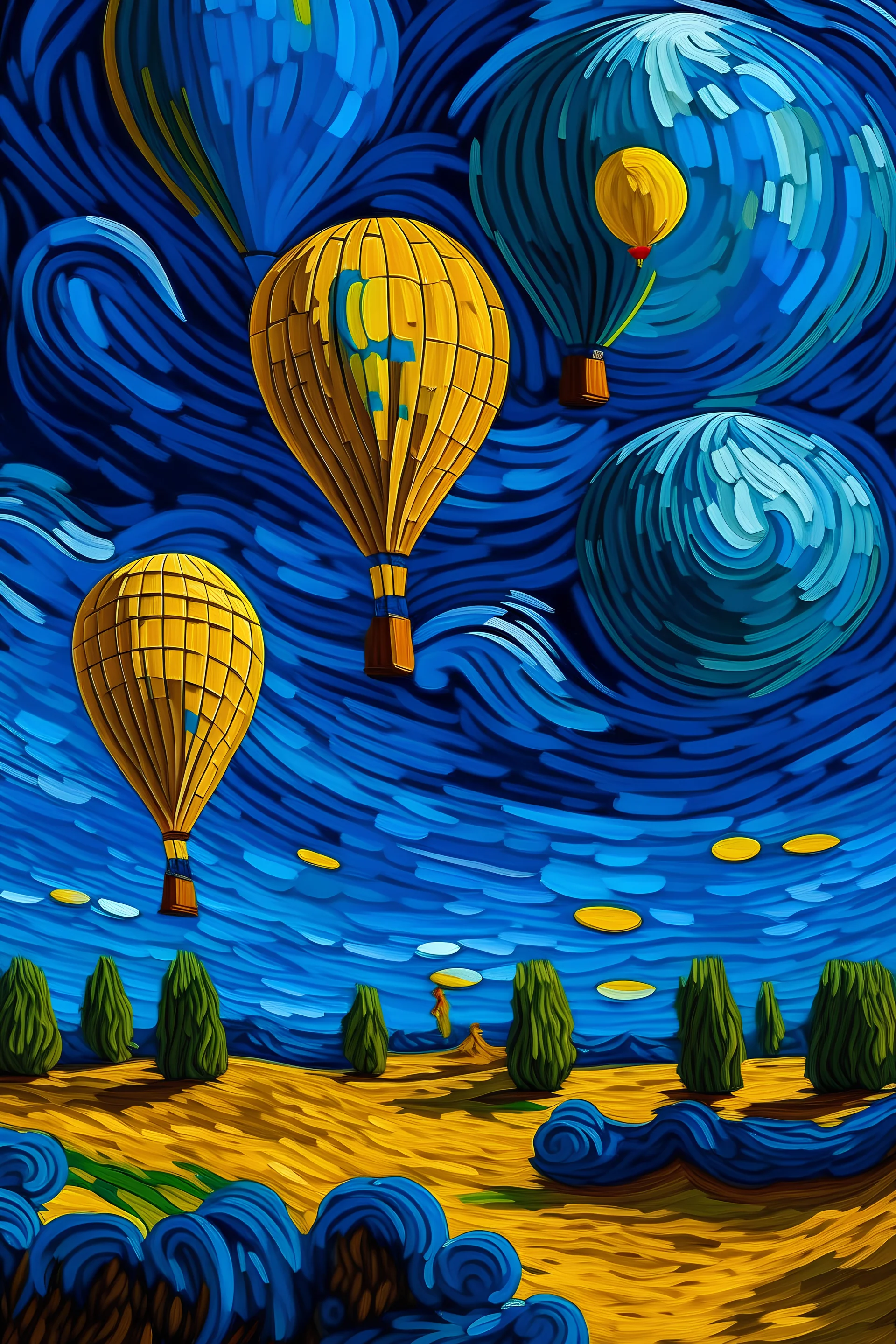 van gogh blue sky with hot air balloons