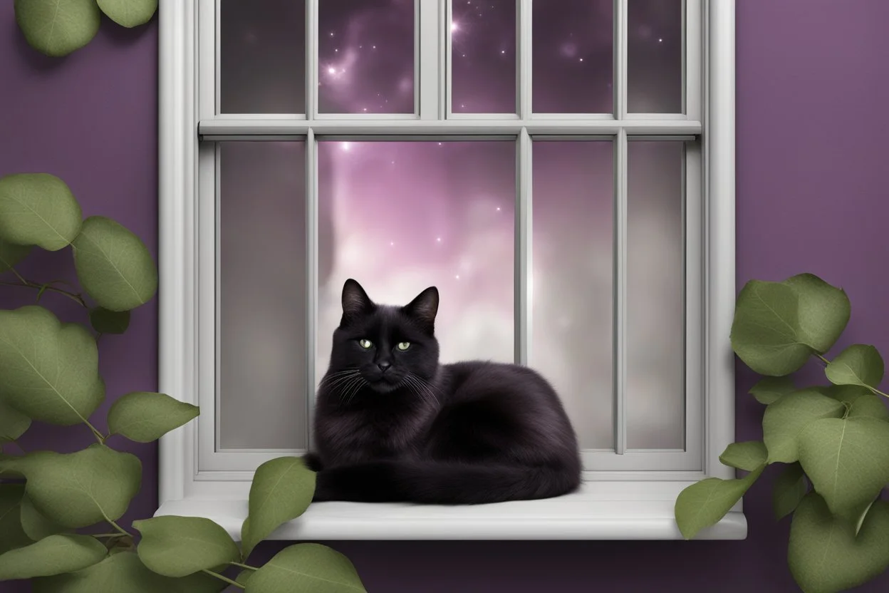 photo from An (black-purple cat) napping in a silver-white moonlights in windows, hyper-realistic, detailed, hypermaximalist, octane render, high textures, ultra realism, photorealistic, perfect symmetry, stunning