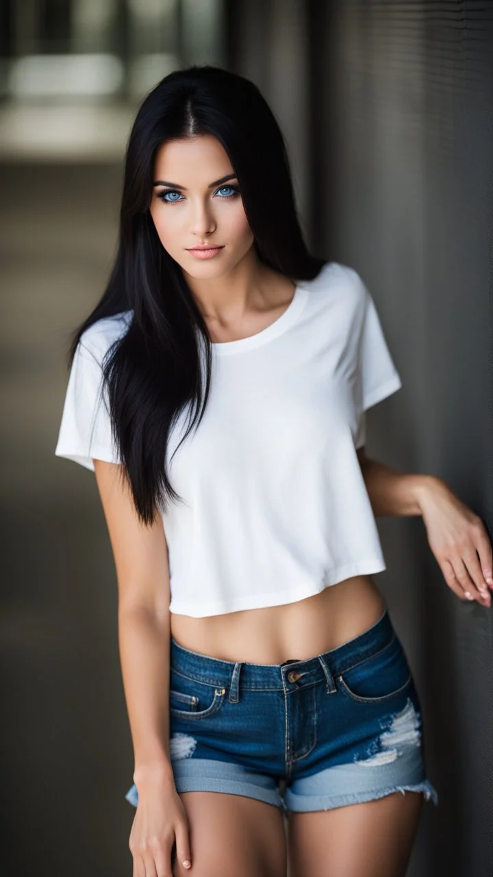 portrait of an very pretty 19 year old woman with long black hair and blue eyes wearing a large white teeshirt