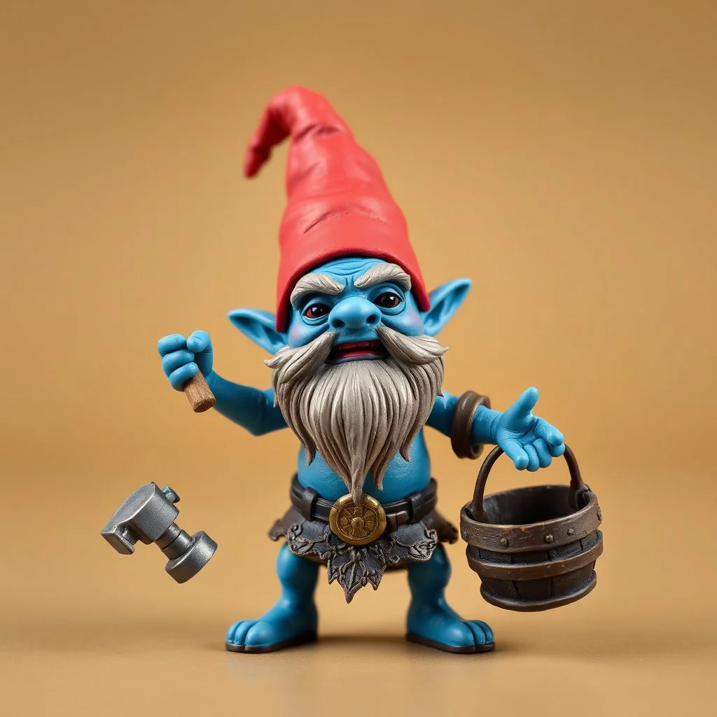 low poly, blueish gay slime dwarf gnome troll miniature model half painted arms outstretched holding battle hammer offering gift, bucket shield background