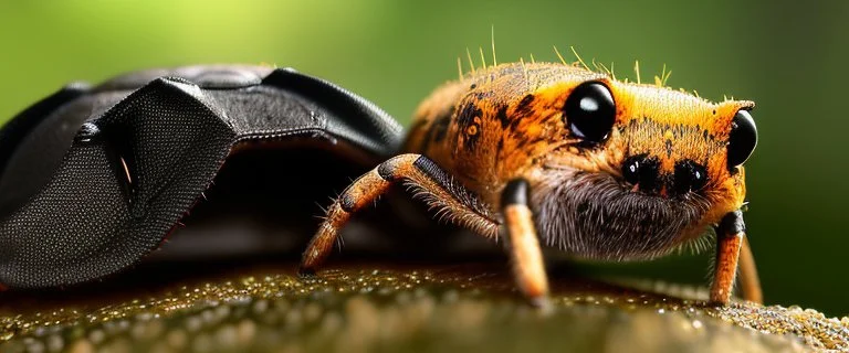 A national geographic award winning photograph of of a bat spider housefly station wagon hybrid in nature and on the hunt,skin color patterned like a poisinous incect or reptile, horrorcore, science gone crazy, in nature and on the hunt, 64k, reds, oranges, and yellows anatomically correct, 3d, organic surrealism, dystopian, photorealisitc, realtime, symmetrical, clean, 4 small compound eyes around two larger compound eyes, surr