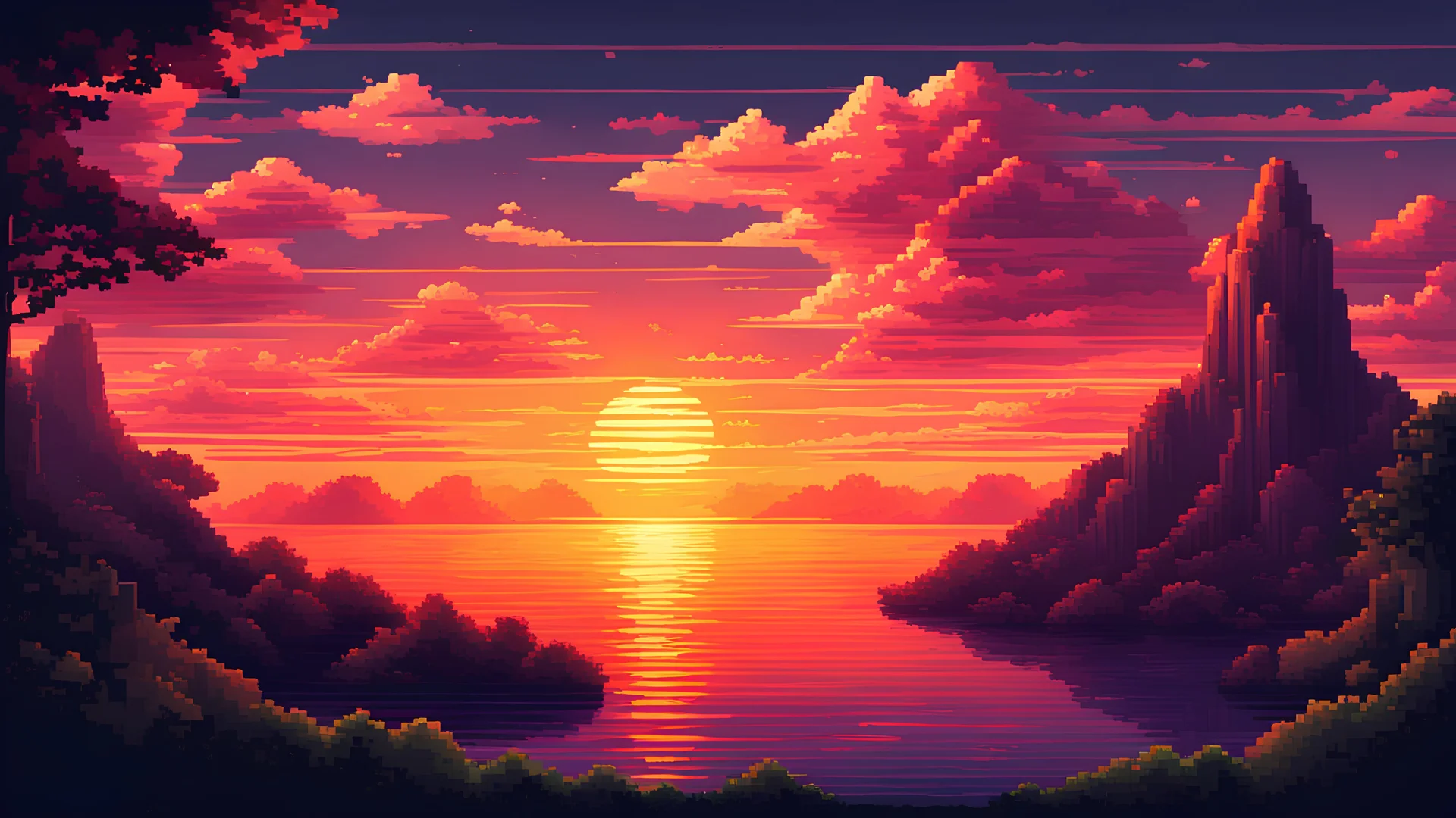 precise fine detailed pixel ART OF a sunset. AMAZE ME. Cinematic rgb lighting,