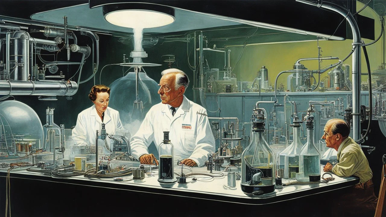 [art by Norman Rockwell] aliens in their experiment lab in the 0ties, they are tubes and cables and liquids everywhere