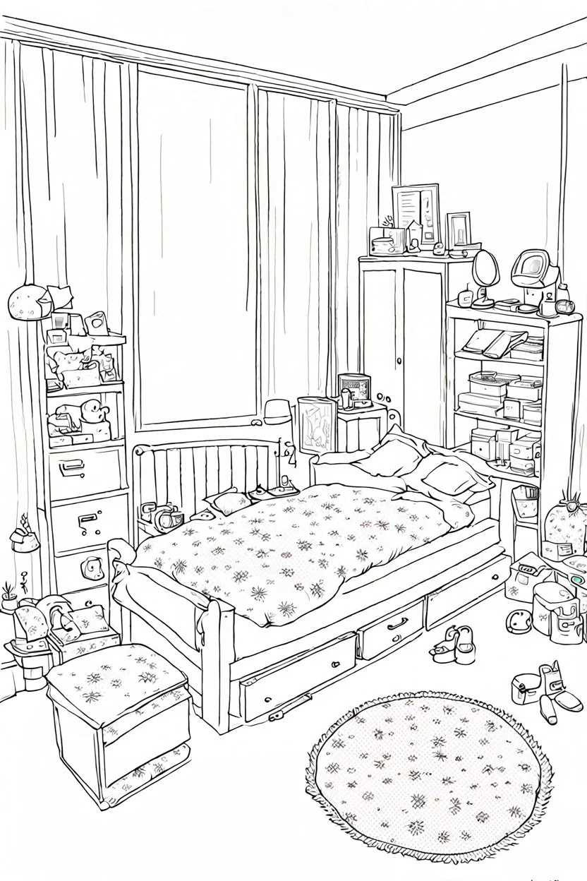 girl bedroom, many objects, line arts, manga style