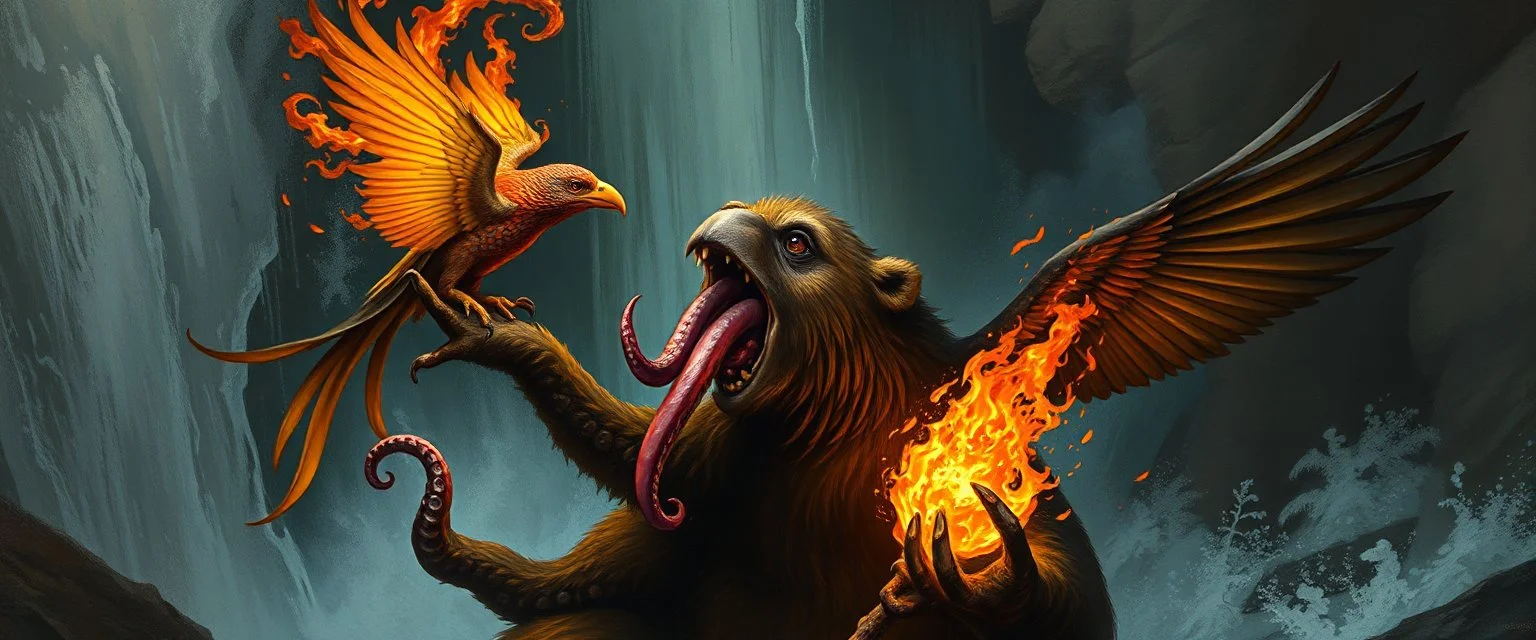 octopus bird witch bear by waterfall looks beyond really powerful slapping a bird in the face with fire, fantasy illustration, in the style of Rembrandt