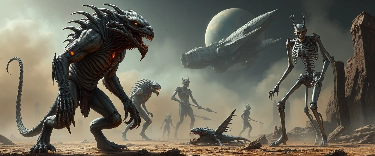 Mutated beast-human hybrids standing in a biomechanical wasteland, stitched limbs, glowing scars, broken starships in the background, metallic bones, fog flowing between ruins, tragic sci-fi fantasy poster, airbrush game art