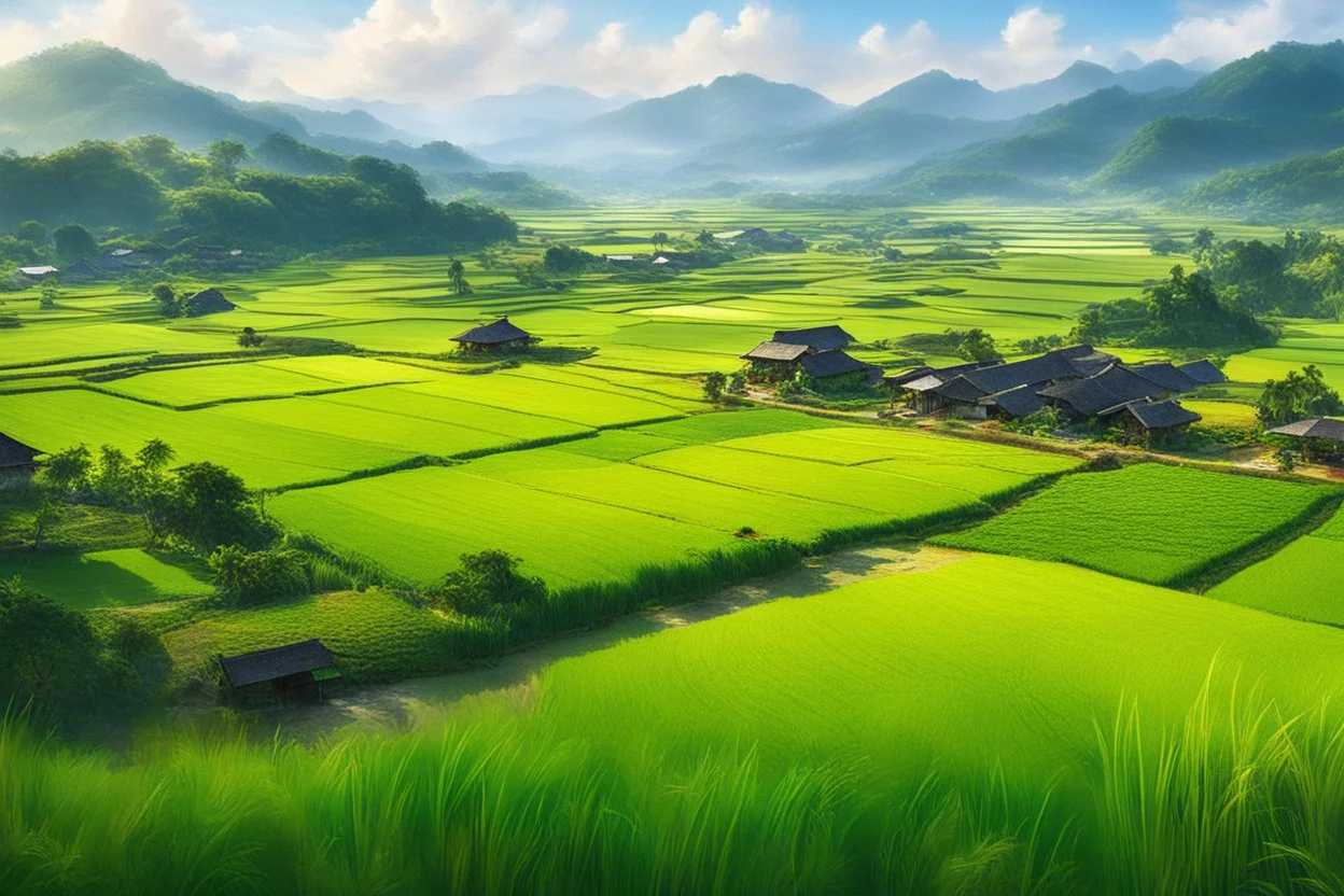 Beautiful Digital Painting Landscape Small village, surrounded rice paddy fields, photoshoot fromfar