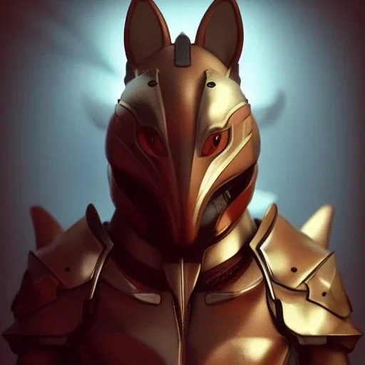 Armor wearing Fox, character design,ultra realistic,shiny, smooth, studio quality, octane render, Surrealism, Triadic colour scheme,ambient lighting polaroid, 100mm