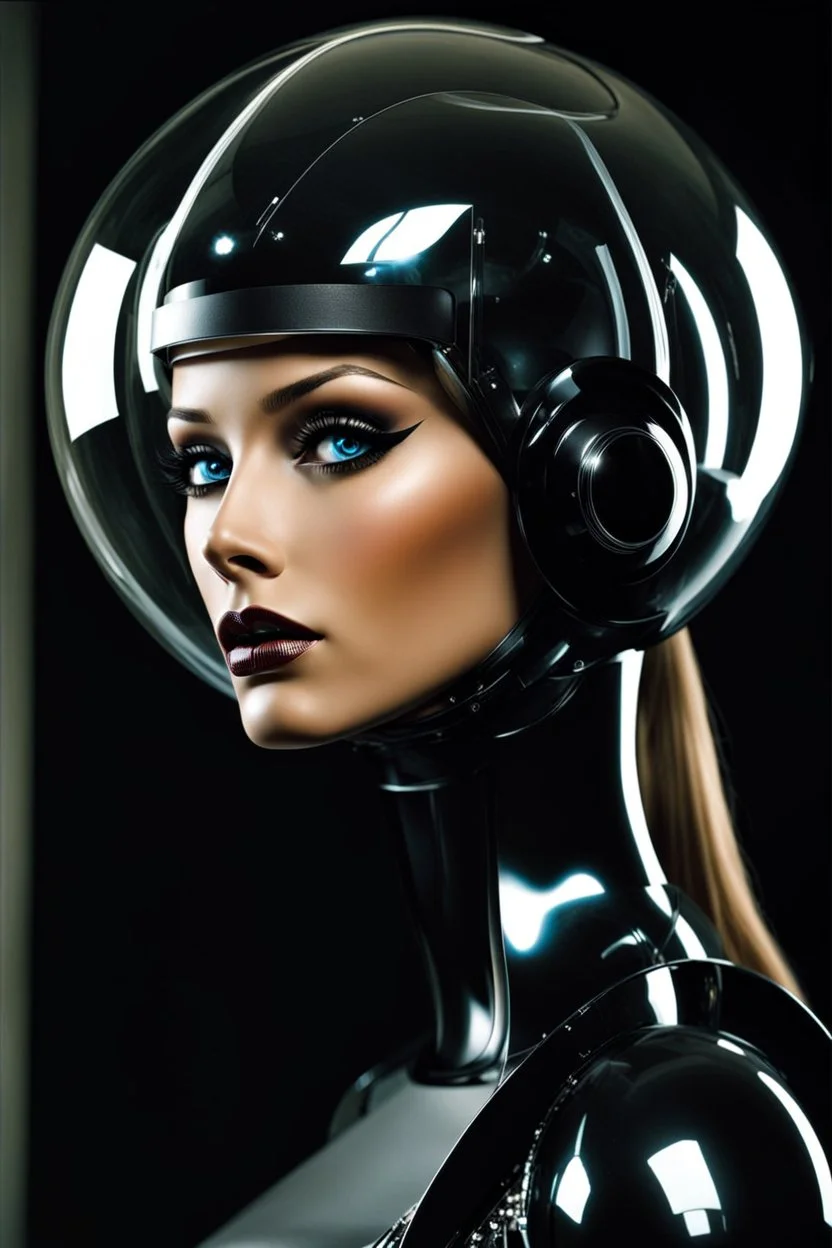 female humanoid robot, beautiful like a supermodel from the sixties, beautiful eyes, sexy, helmut newton, glass bubble