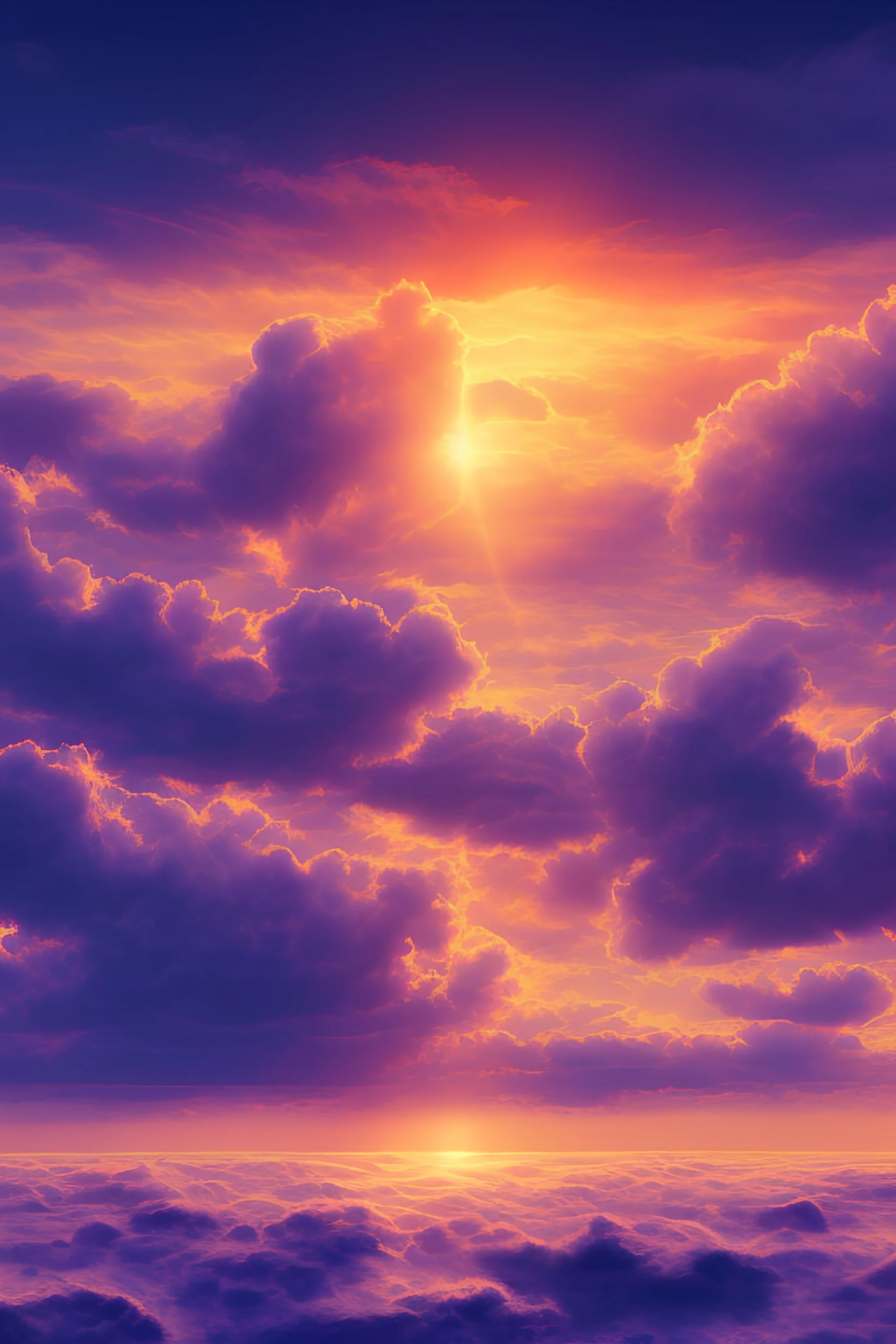 sunset. clouds. the sea. the sun. mountians. colorful in purple and orange. minimalistic, cartoon. 2 vp perspective.