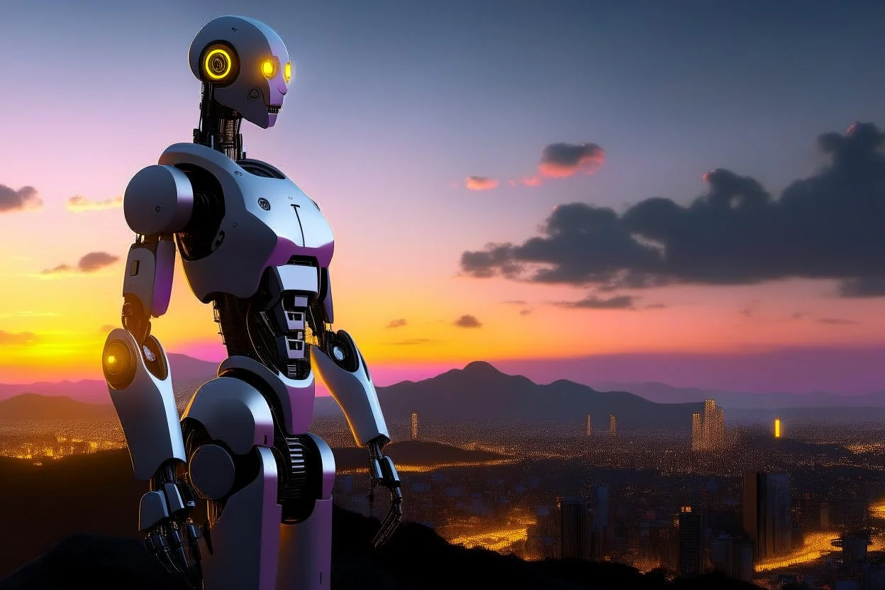 Humanoid-looking robot, standing and looking out over an alien town skyline at dusk