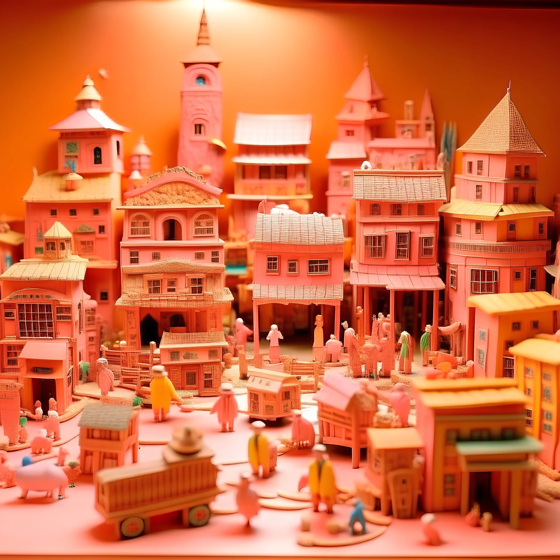 A light pink western town made out of toys designed in Kuna Molas painted by Vincent van Gogh