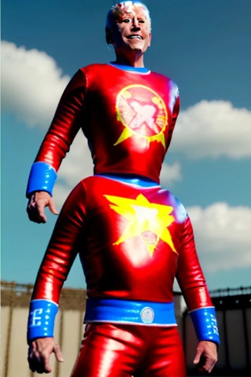 realistic image of joe biden as a mexican wrestling fighter posing, red and blue breeches, retro style, 80s, vibrant color, highly detailed, sky background, concept art, unreal engine 5, god rays, ray tracing, RTX, lumen lighting, ultra detail, volumetric lighting, 3d, finely drawn, high definition, high resolution.