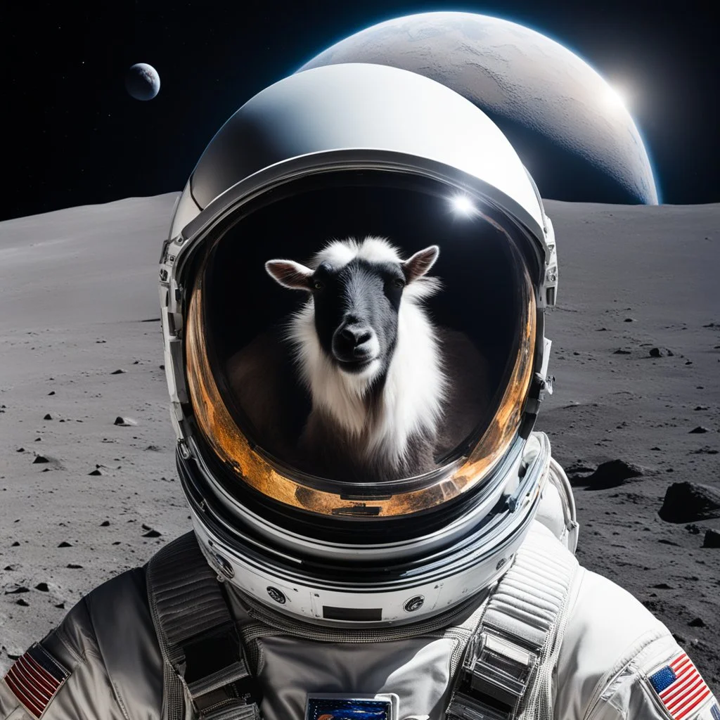 a close up on the helmet of a spacesuit on a moon, a goat reflected in the glass of his helmet