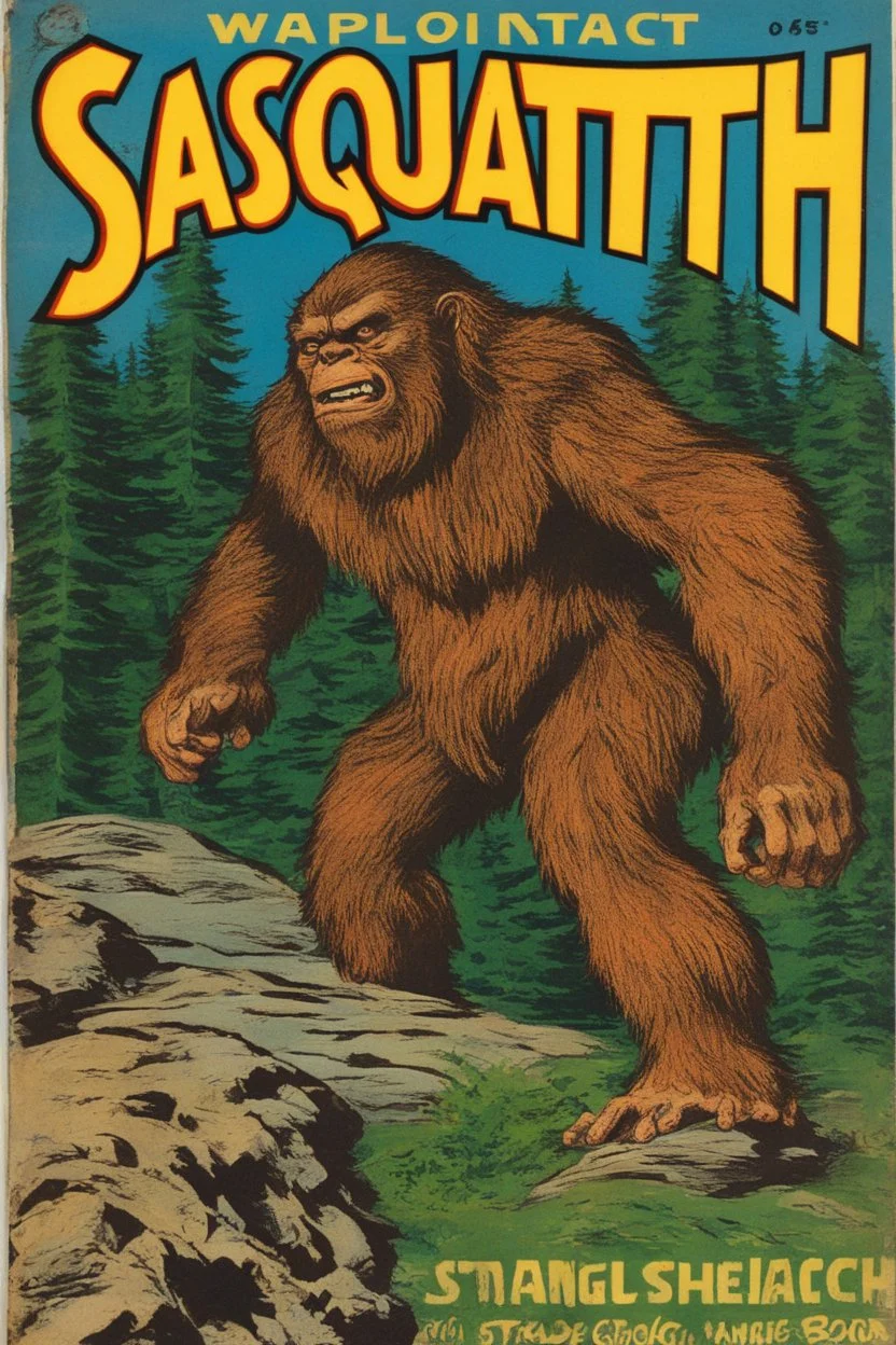 Vintage paper superhero comic book "sasquatch", strange brand comics, 25¢, accurate hands, throwing a rock in the forest, shiny paper, clenched fists