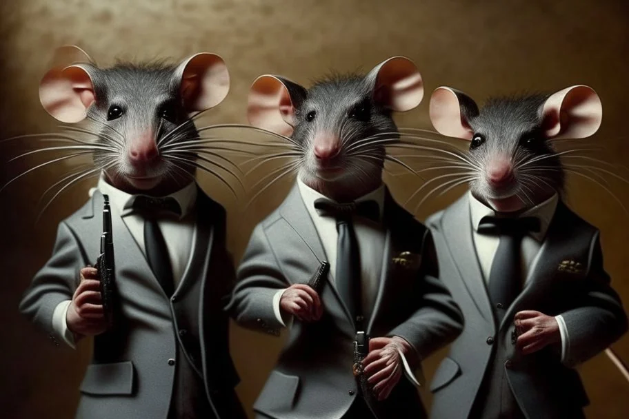 lifelike hairy rats in elegant suits and bow tie with guns (like in the pulp fiction)