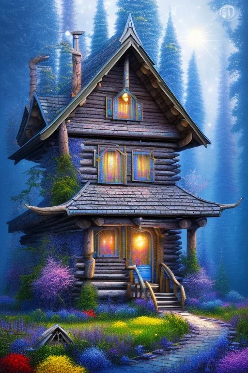 sharp focus, mystical forest, wooden cabin, Neo-Impressionism, mystical, purple blue yellow silver teal black olive azurek, red, pink, brown, fine detail,