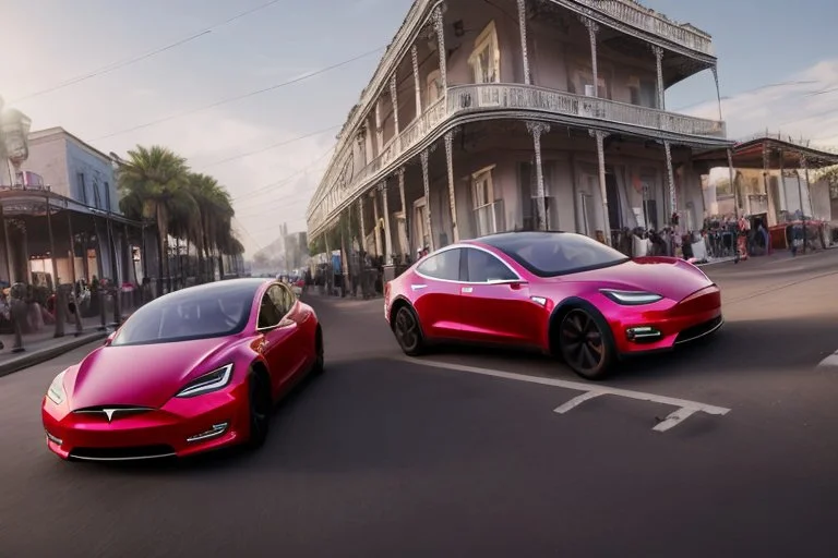 A Tesla 'Model S' is racing at top speed, on the streets of New Orleans. (CINEMATIC, WIDE ANGLE LENS, PHOTO REAL)