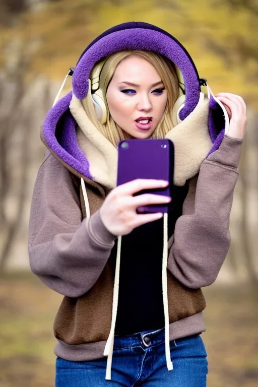 blonde taking selfie.thick thighs,thick calves,flat belly,curvy fell. NOVEL kind of hoodie, form which condescends with integrated bag[SIC]. It is sewed together of camouflage pieces, whose color are all denim colors,cream, brown and purple. Big colored headphones (gold rings!) is merged with small felt cap with small visor. Big bright purple felt tippet and birght-colored-hood is merged with colorful beanie. Inside is orange. Style: 1990's Finland