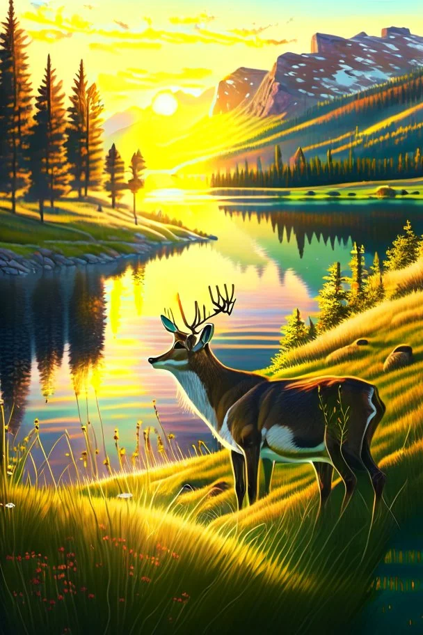 the foreground, a deer on a forest hillside overlooking a lake. Bathed in sunshine, with a lush green meadow, a winding river, and a towering mountain range in the distance. Warm sundown glow, golden hour. Ultra-detailed, with every blade of grass and every leaf rendered in perfect clarity. The colors are vibrant and saturated, with a dreamy, ethereal quality. Stained glass effect. Modifiers: photorealistic award winning cinematic postprocessing watercolor Ink drawing Steve Hanks Nicoletta Cecc