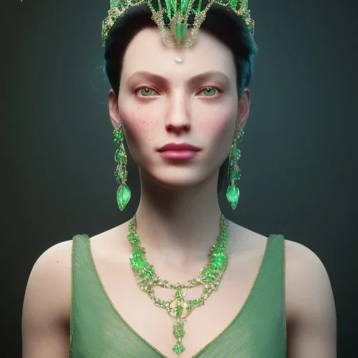 A portrait of a green crystalised jewelry queen, atmospheric, realistic, unreal engine 5, cinematic lighting, octane render.