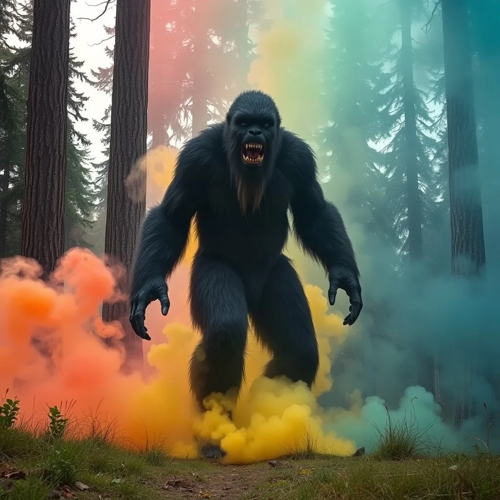 Scary big foot standing with multicolored smoke and large trees in the background