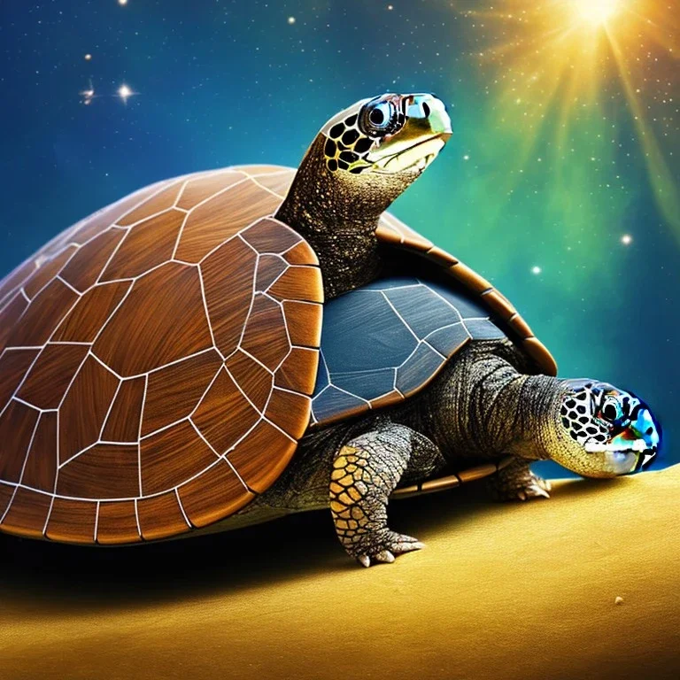 Fantastic digital art of a meditating turtle with closed eyes holding a wooden rod, high definition, best artist style, magical powers, medium shot, background galaxy