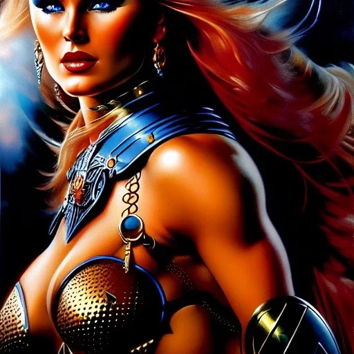 portrait oil on canvas,beautiful busty Female Warrior, minimal armor,comic book cover, mystical colors,insanely detailed,realistic,intrincate detail,crystal clear eyes, 16k resolution, masterpiece,Simon Bisley,Frank Frazetta,Alex Horley,ARTHUR ADAMS