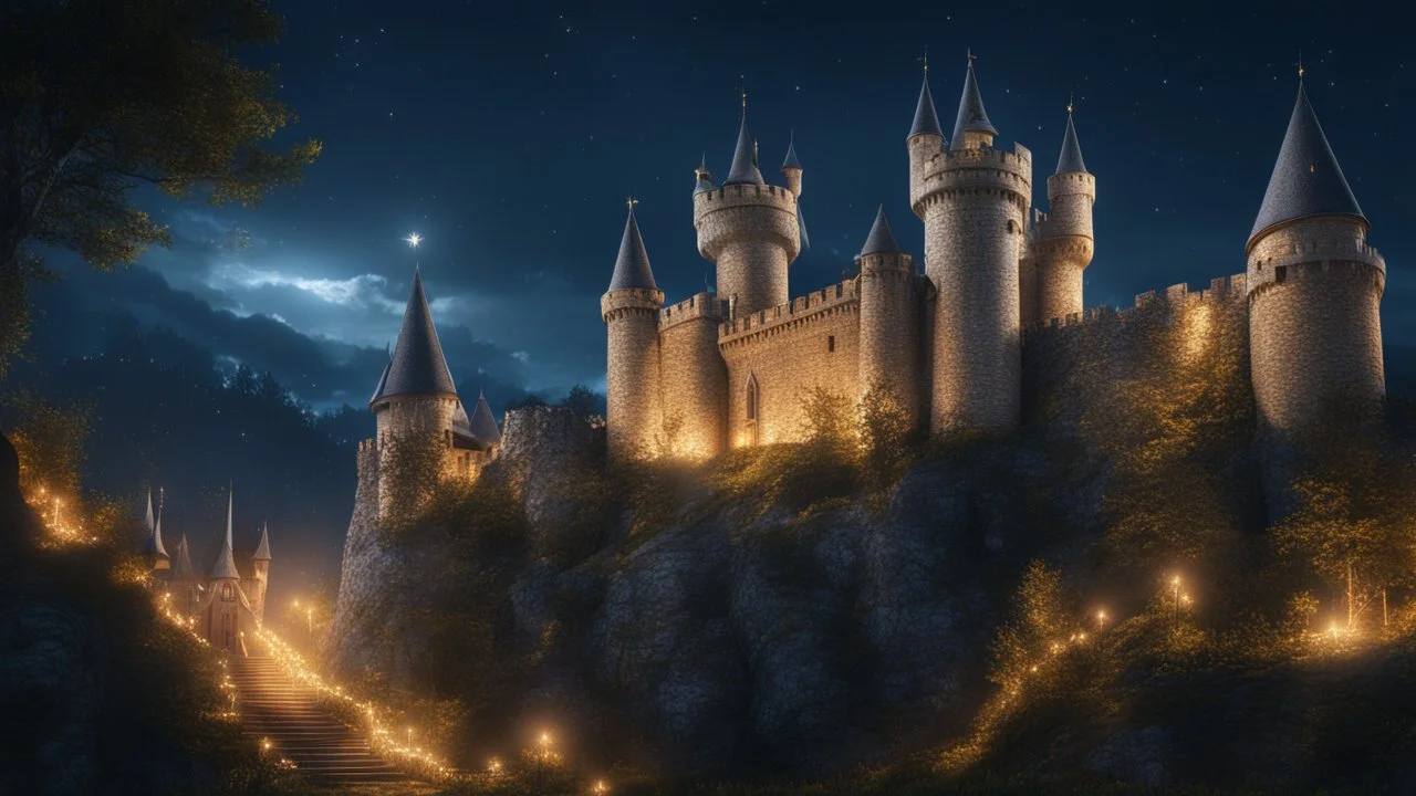 Medieval castle, fantasy, night, glare, sparkles, clear lines, detail, fine rendering, high resolution, 4K, photorealism, precise focus,