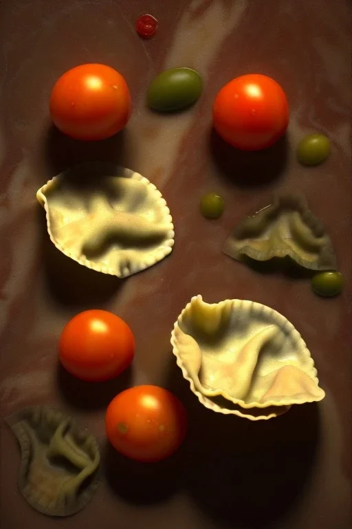 Raviolis composite with cherry tomato and albahaca, olive oil. renaissance style still life, moisture, art, natural, ornaments, marble, gold, high kitchen, smooth, gradient color background, unreal engine 5, ray tracing, RTX, lumen lighting, ultra detail, volumetric lighting, 3d.