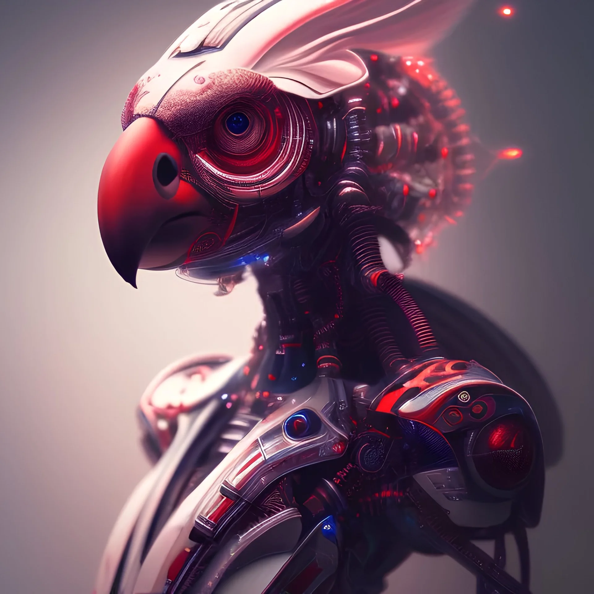 A beautiful portrait of a cyborg bird red color scheme, high key lighting, volumetric light high details psychedelic background