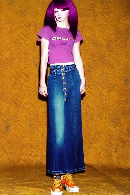 year 1996 denim fashion. Loose skirt, low waist. Combat pants and t-shirt. Colors: denim blue, blue, purple, cream, khaki, light green, lilac, plum, orange, terracotta, red, light yellow, pink, dark blue, beige. Latex in small part. Cheetah pattern. Gwen Stephani, Shirley Manson.Cargo pants