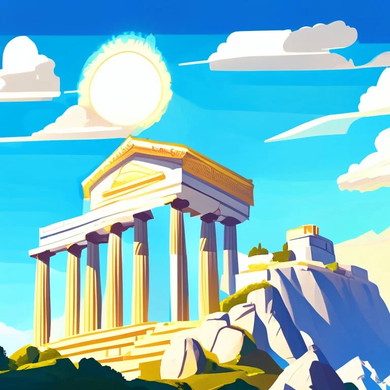 mount olympus from the greek mythology. view from below. temples high up on the mountain. Illustration. Cloudy. Sun behind the temple of Zeus.