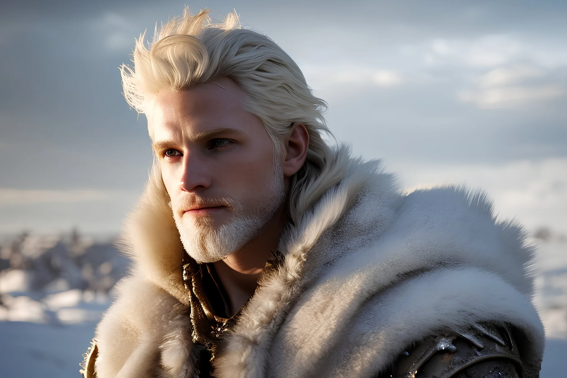 Photoreal gorgeous close-up of a handsome middle-age blond master bard with expensive intricate tunic in a ruined flaming village in the snow by lee jeffries, 8k, high detail, smooth render, unreal engine 5, cinema 4d, HDR, dust effect, vivid colors