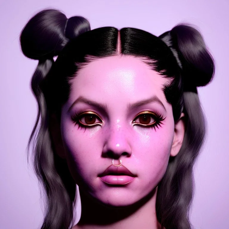 perfect symmetry,Rosalía artist, black eyeliner, cyberpunk, pigtails hair, gold, pink, geisha, led lights, fog, rain, latex, soft color, highly detailed, art stations, concept art, smooth, unreal engine 5, god rays, ray tracing, RTX, lumen lighting, ultra detail, volumetric lighting, 3d, finely drawn, high definition, high resolution.