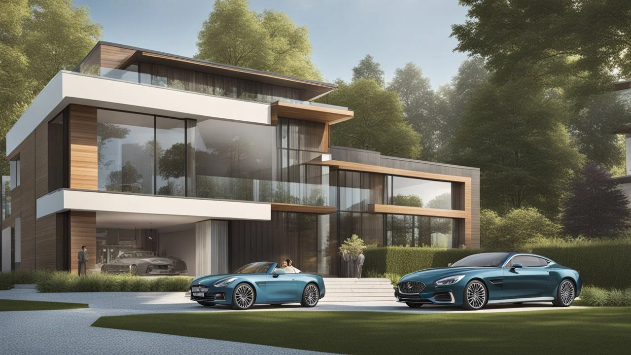 Architectural drawing of a luxurious modern country house, trees, people and cars, complementary colors