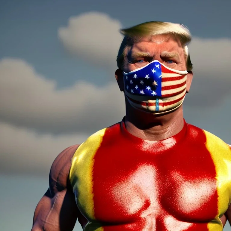 Realistic image of Donald trump wrestler, Mexican wrestling style, Mexican eyes wrestling mask, red and blue breeches, suspenders, retro style, 80s, vibrant color, highly detailed, sky background, concept art, unreal engine 5, god rays, ray tracing, RTX, lumen lighting, ultra detail, volumetric lighting, 3d, finely drawn, high definition, high resolution.