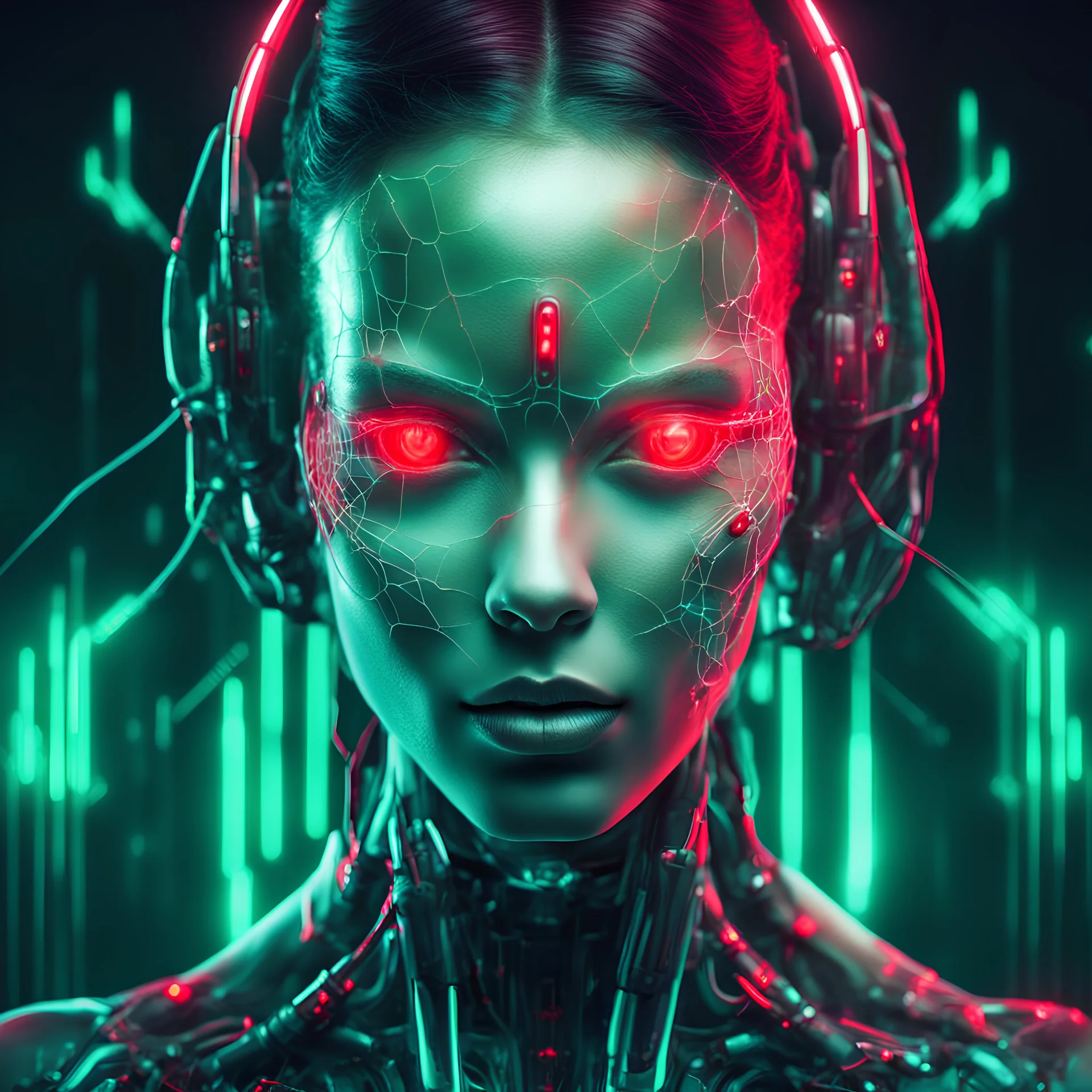 cyborg woman , picture in synth style with red neon eyes and bioluminescent green web