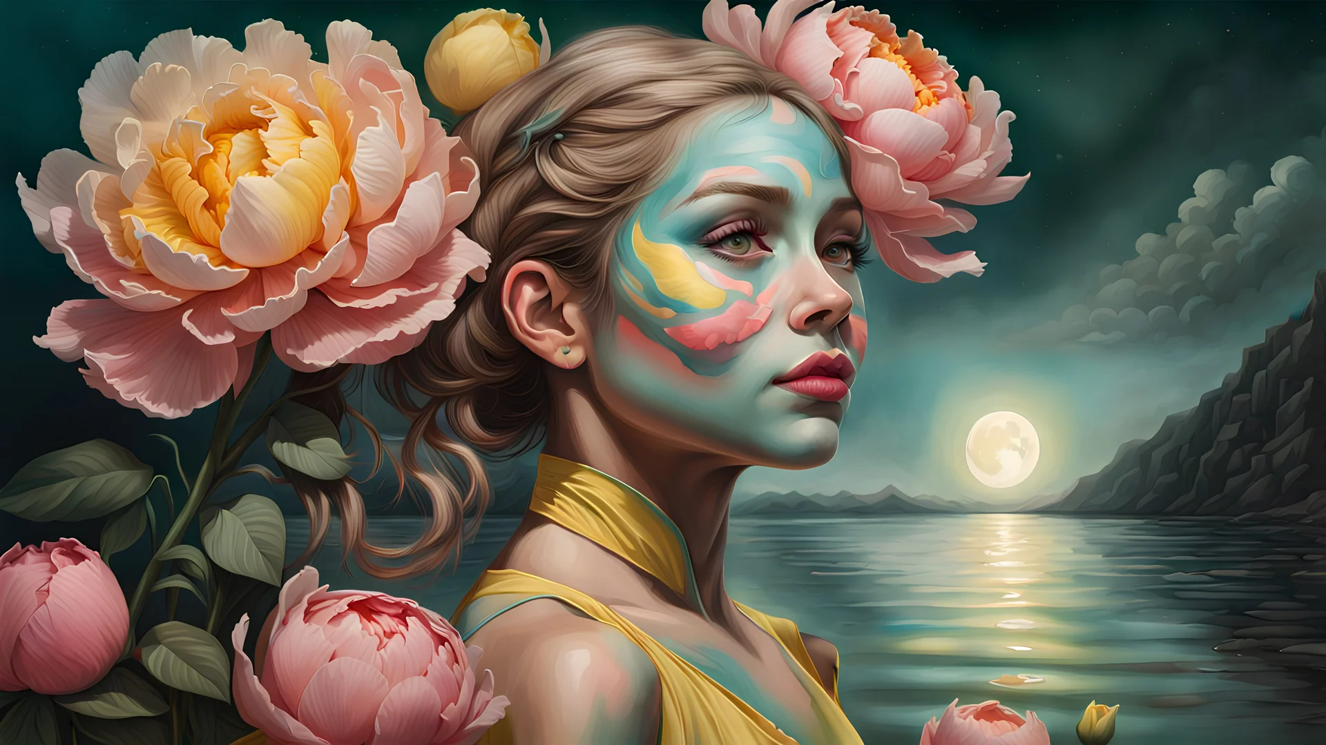 PHOTOREALISTIC PORTRAIT OF A GIRL of Cirque dU soleil, WALKING ON THE SHORE AT THE MOONLIGHT, AND EMBRACING PINK YELLOW PEONIES, VIVID colors: torquoise, pale salmon, persimmon, grey-green , pale lemon yellow, greenish gold, metallic bronze. ULTRA detailed; CORRECT anatomy, FACE and eyes, HIGH RESOLUTION AND DETAILS, HIGH DEFINITION, STYLE BY RAFFAELLO, MICHELANGELO, KAROL BAK, ANDY WARHOL, Anna Dittmann