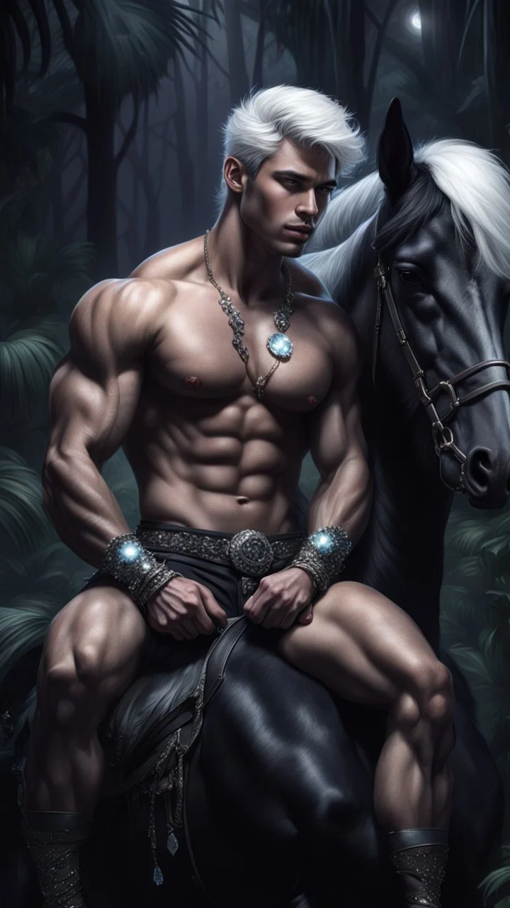 Hyper Realistic shirtless handsome muscular prince with short black hair sitting on a black horse with white hair in a dark jungle with big growling crystals at a dark night