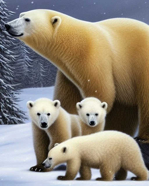 Oso polar con sus cachorros en la nieve cuerpo completo obra de arte pintura al óleo colores contrastantes nítido impactante hiperdetallado sombras 3D hiperrealista coherente clima soleado nubes iluminación cinematografica 8k