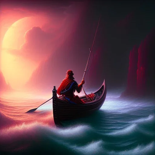 Charon in his boat on the river Styx, red black purple colours, 8k, high definition, fantasy art