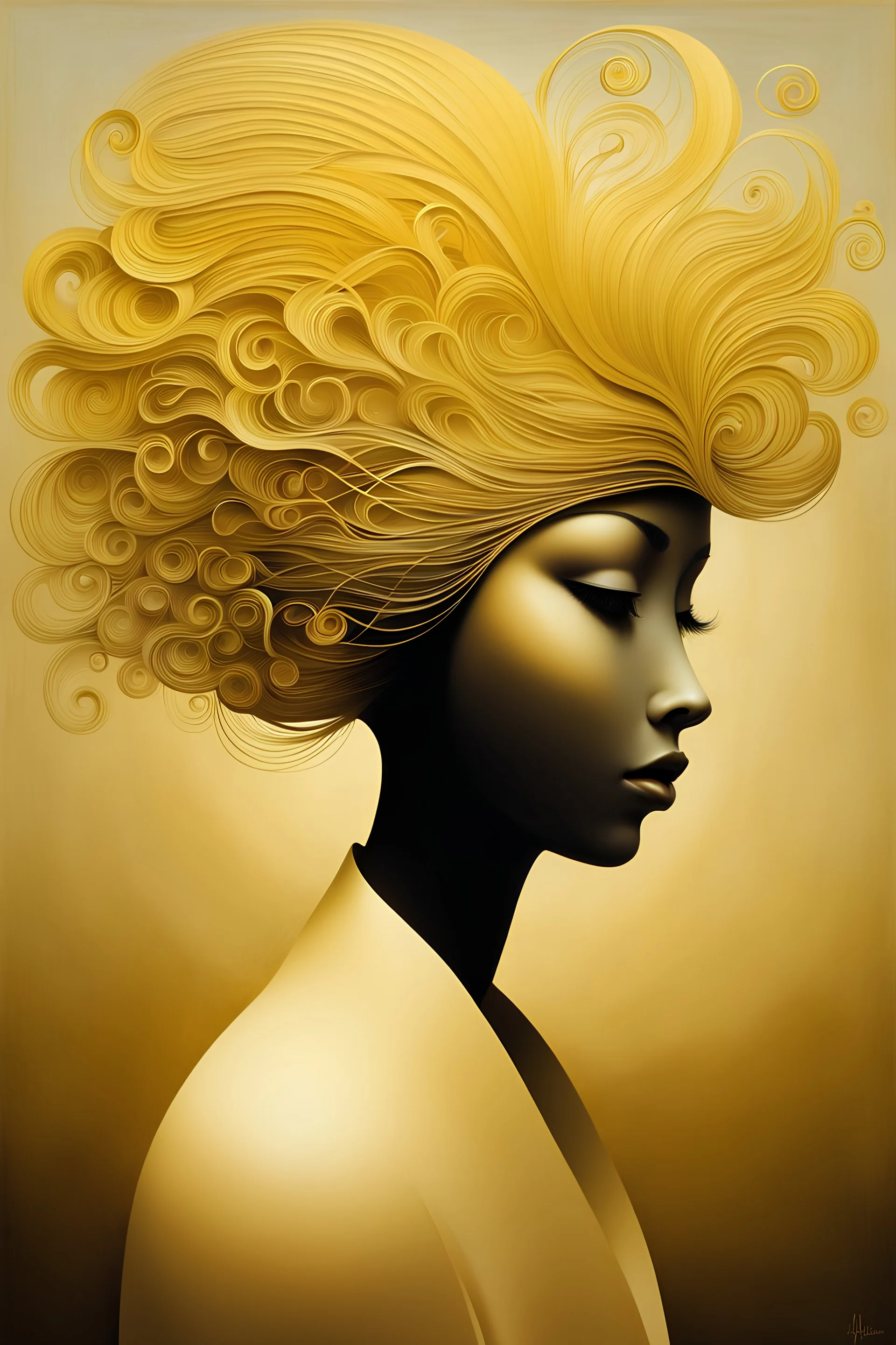 Masterpiece, whole head in view, Abstract, woman silhouette, In the style of Naoto Hattori, Aubrey Beardsley, Jean Cocteau, hair soft yellow color , Masterpiece