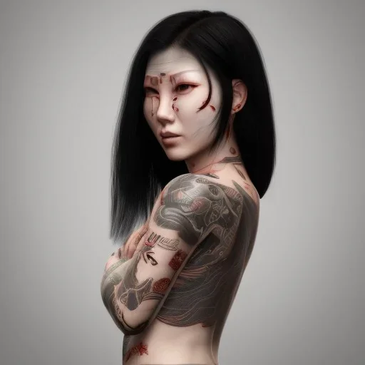 Asian woman with themed tattoos